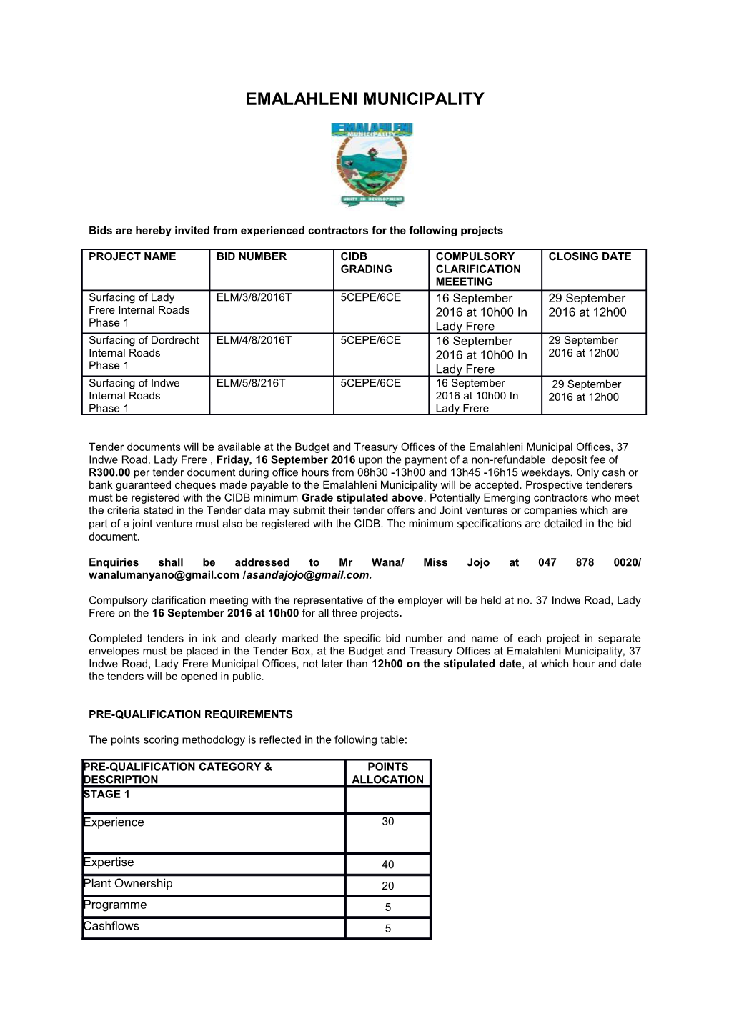 Bids Are Hereby Invited from Experienced Contractors for the Following Projects