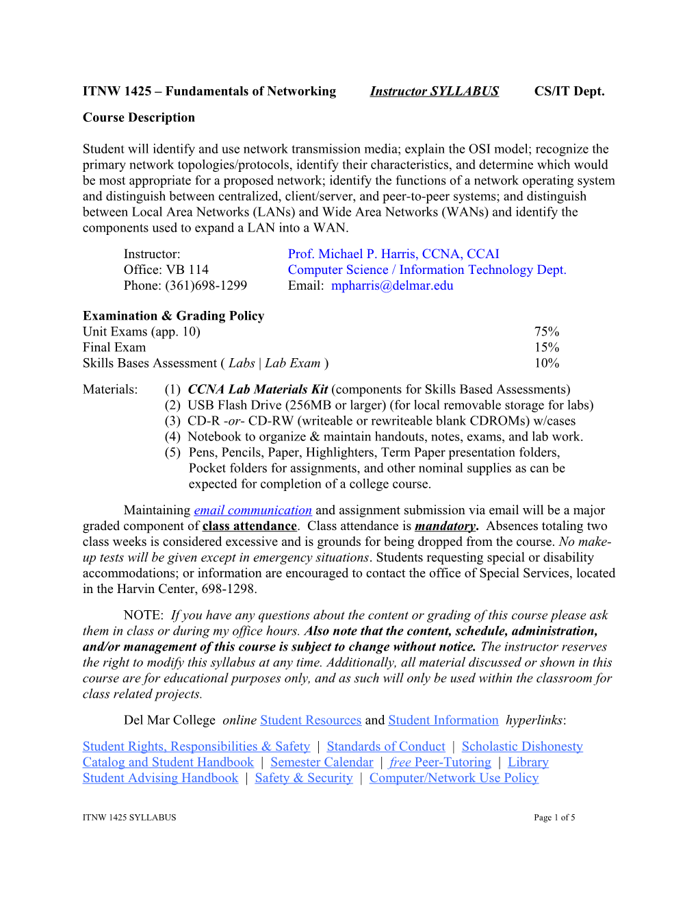 ITNW 1425 Fundamentals of Networkinginstructor SYLLABUSCS/IT Dept