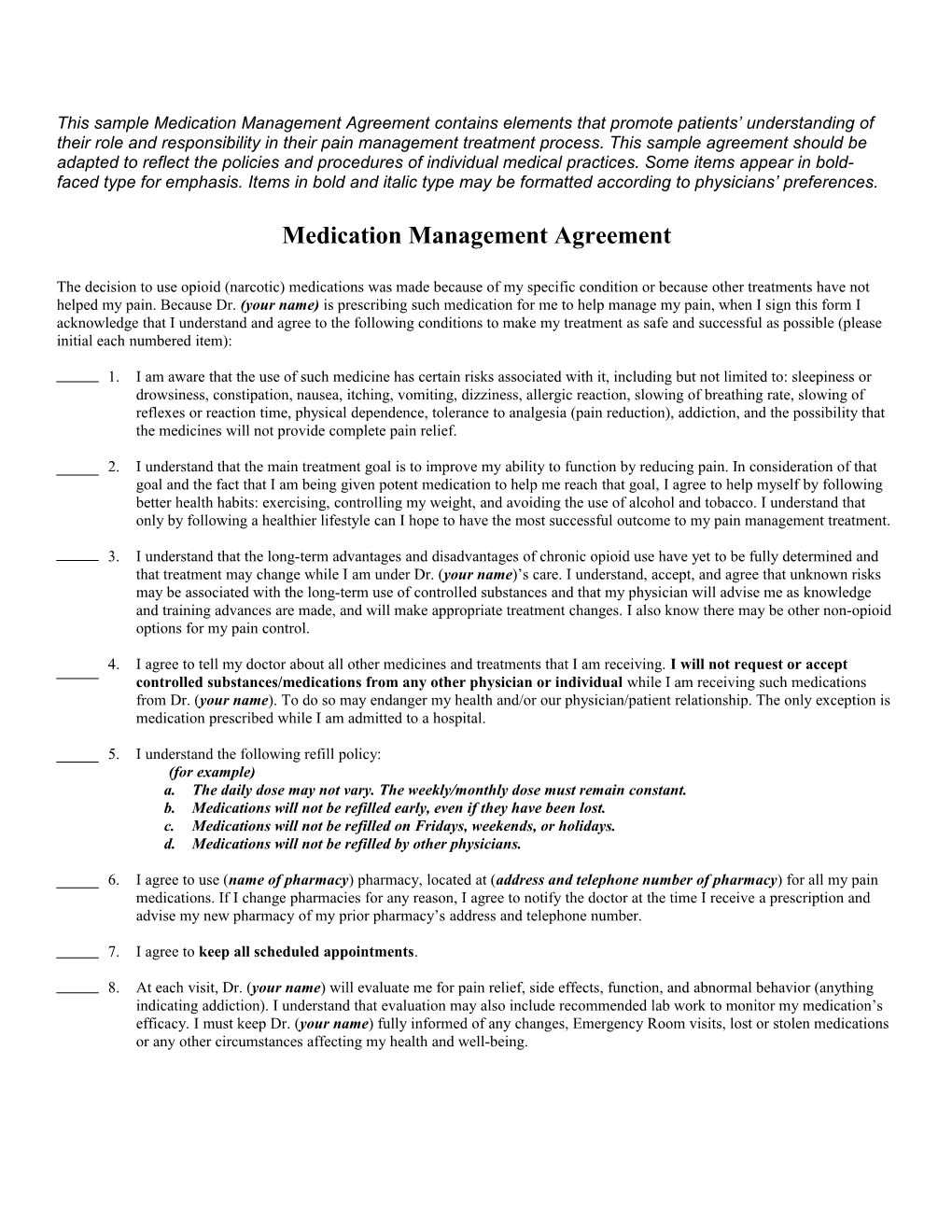 This Sample Medication Management Agreement Contains Elements That Promote Patients
