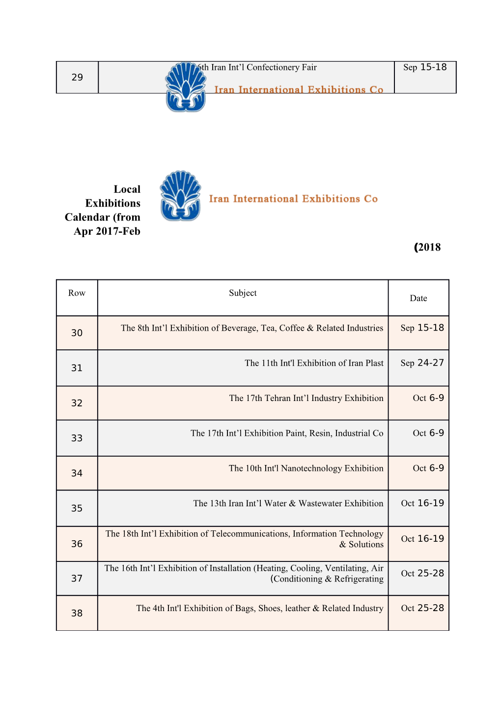 Local Exhibitions Calendar (From Apr 2017-Feb 2018)