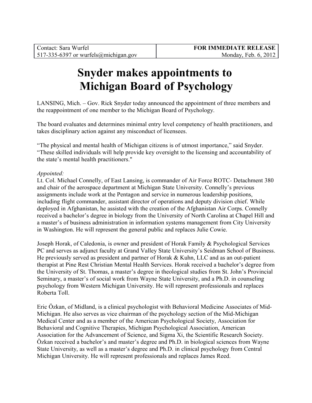 Snyder Makes Appointments To