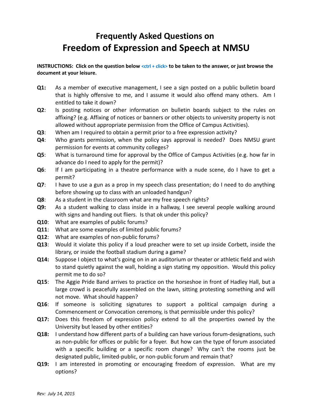 Frequently Asked Questions on Freedom of Expression and Speech at NMSU