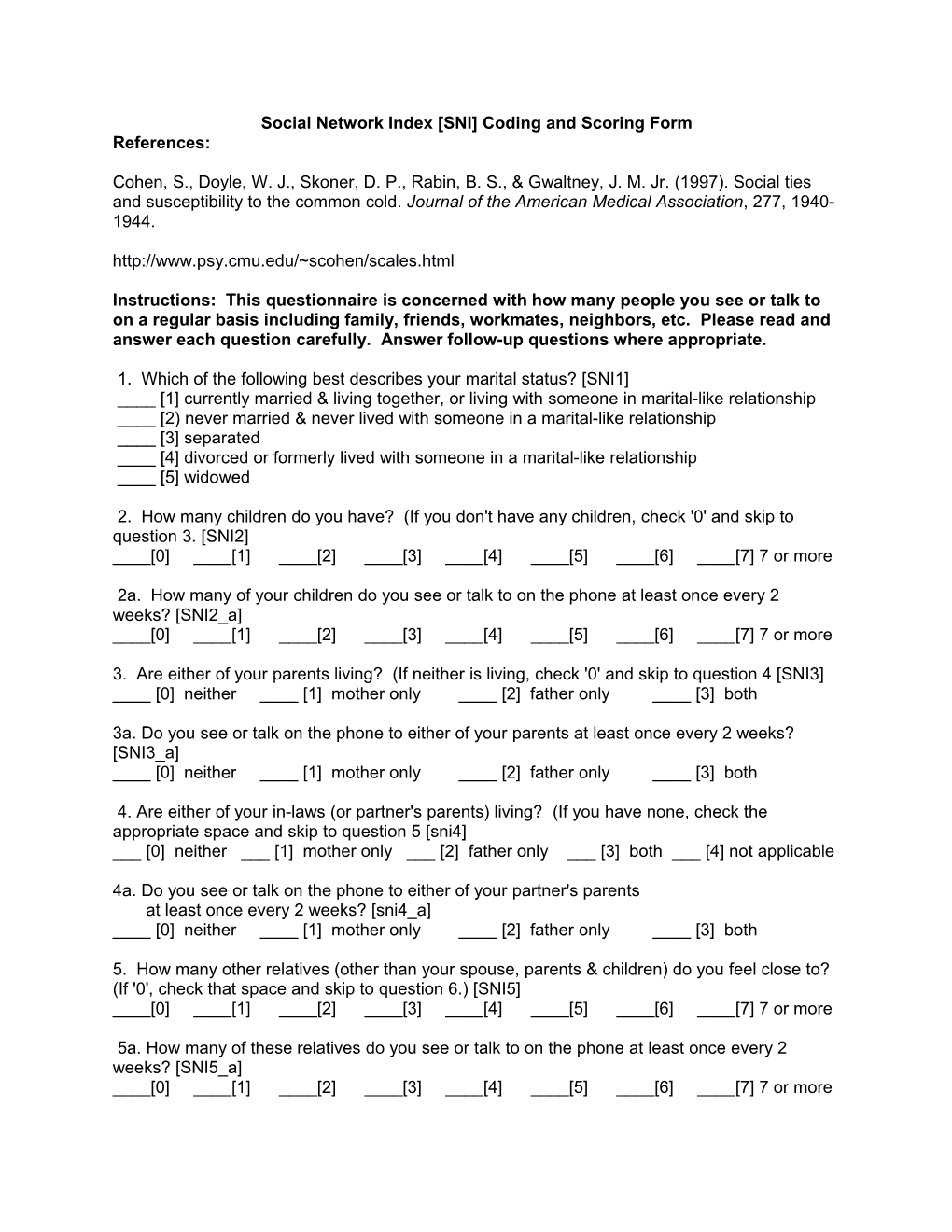 Social Network Index SNI Coding and Scoring Form