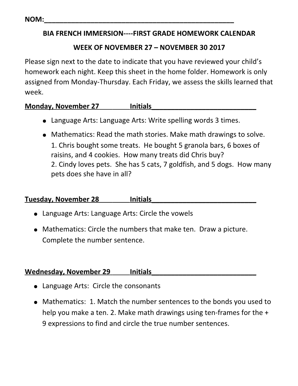 Bia French Immersion First Grade Homework Calendar