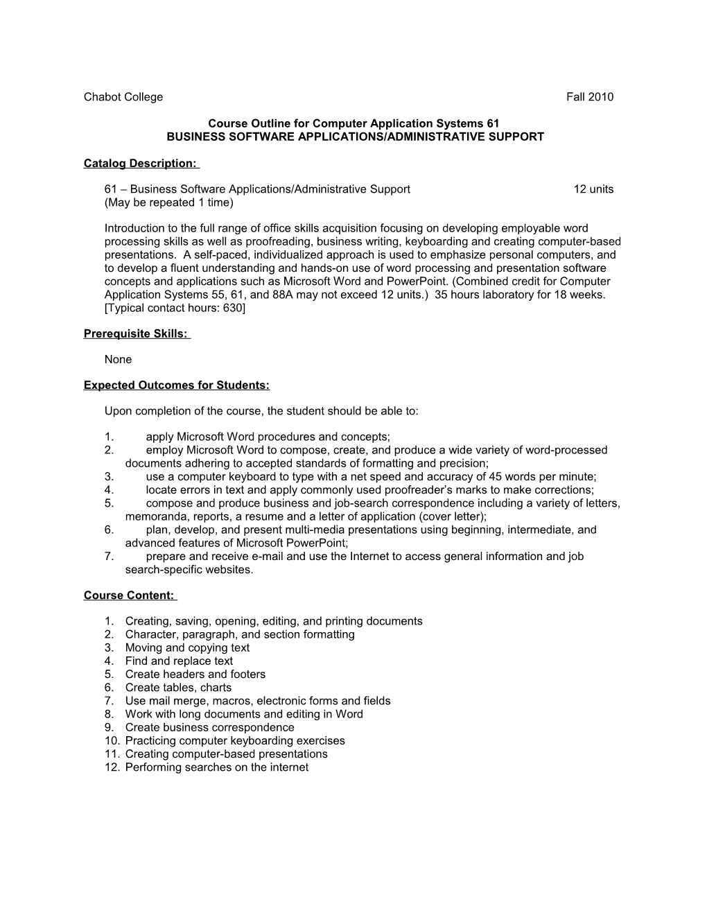 Course Outline for Computer Application Systems 61, Page 1