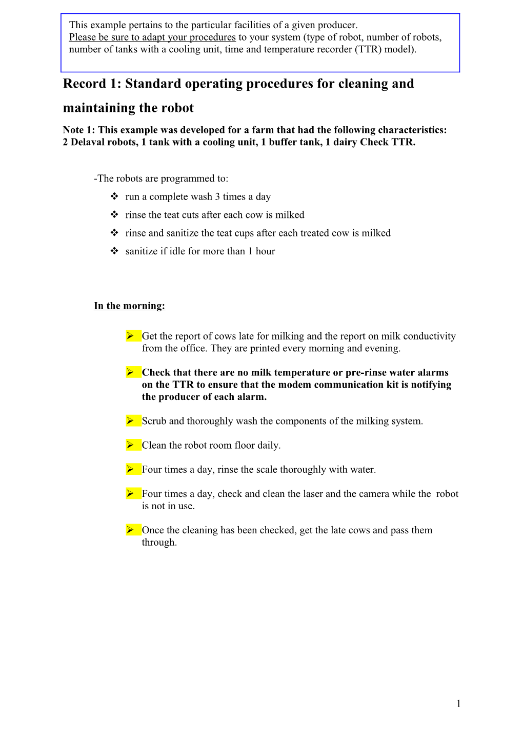 Record 1: Standard Operating Procedures for Cleaning and Maintaining the Robot