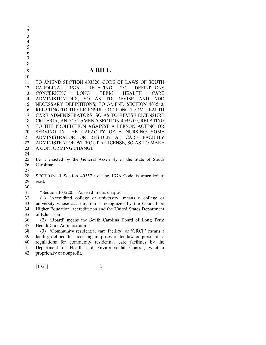 2013-2014 Bill 1055: Long Term Health Care Administrator - South Carolina Legislature Online