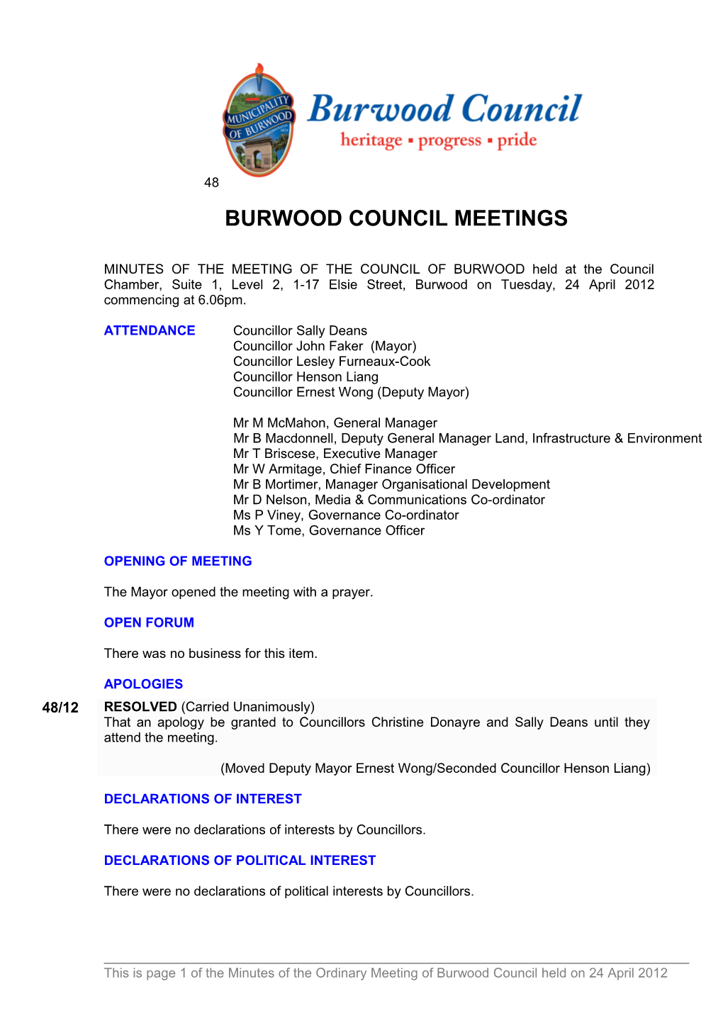 Pro-Forma Minutes of Burwood Council Meetings - 24 April 2012