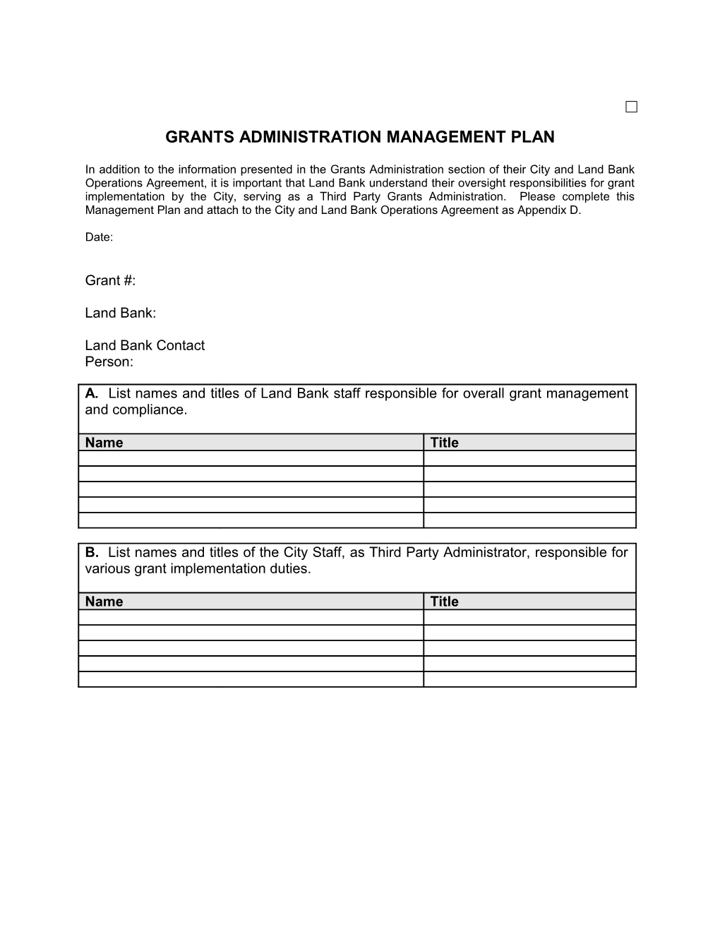 Management Plan for Local Unit of Government S