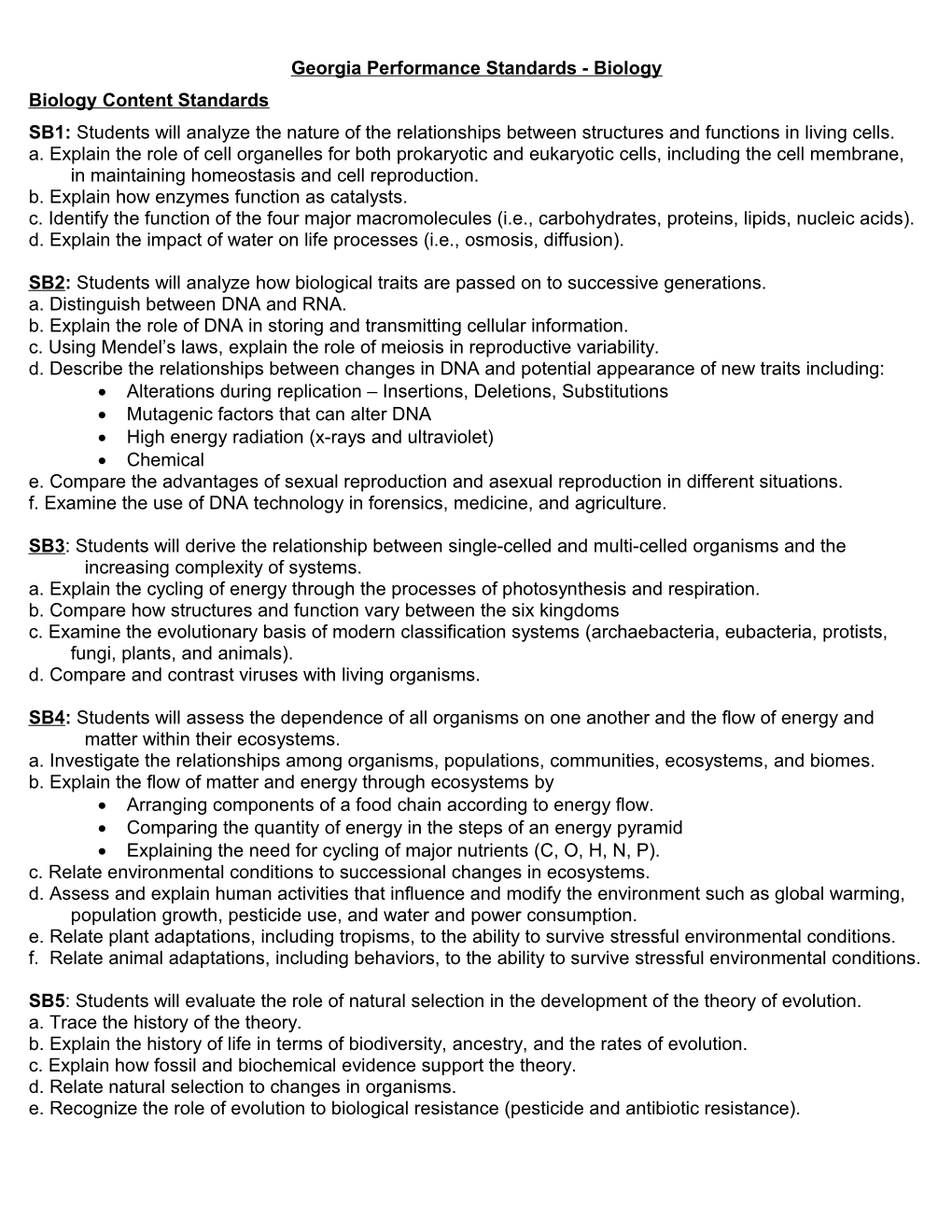 Georgia Performance Standards - Biology