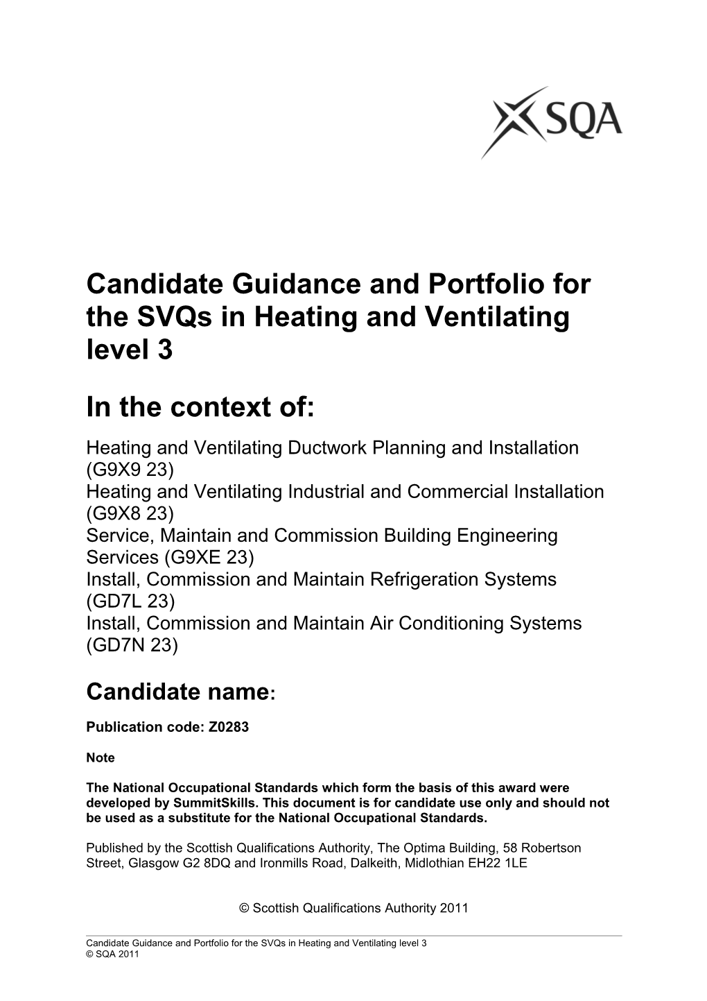 Candidate Guidance and Portfolio for the Svqs in Heating and Ventilating Level 3