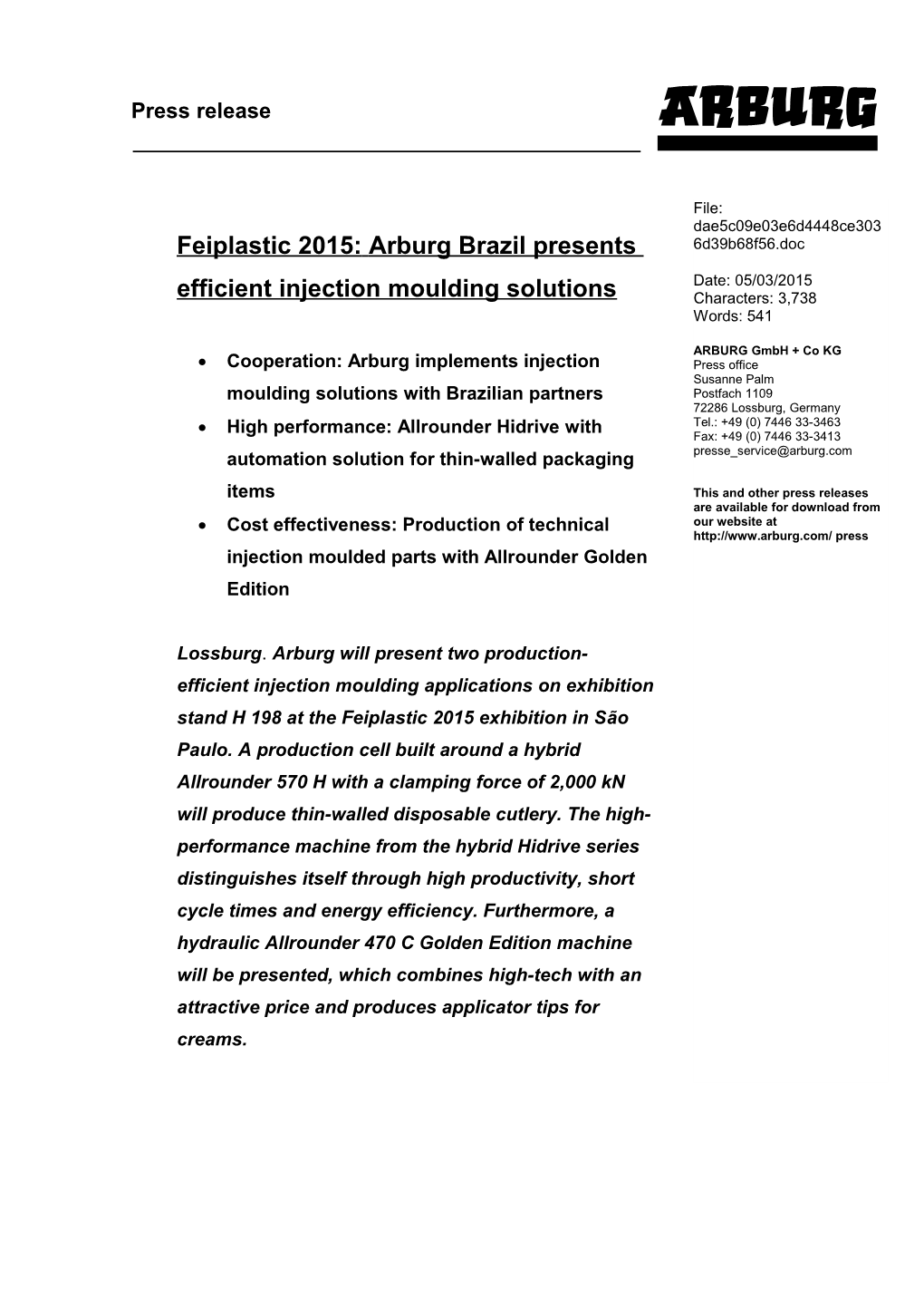 Feiplastic 2015:Arburg Brazil Presents Efficient Injection Moulding Solutions