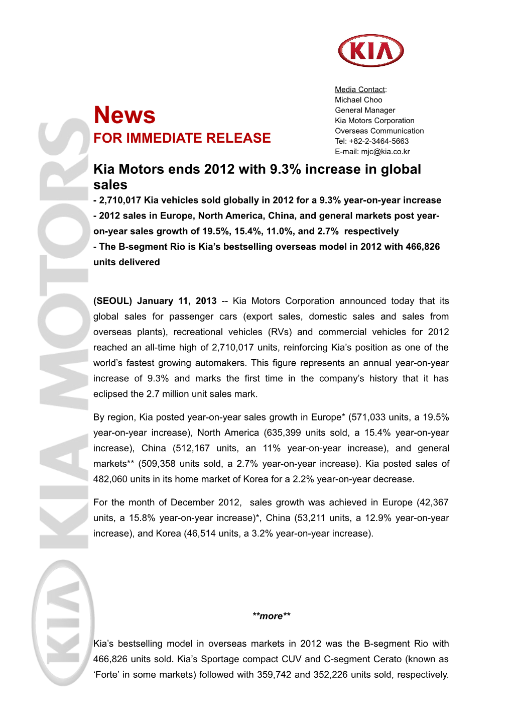 Kia Motors Ends 2012 with 9.3% Increase in Global Sales