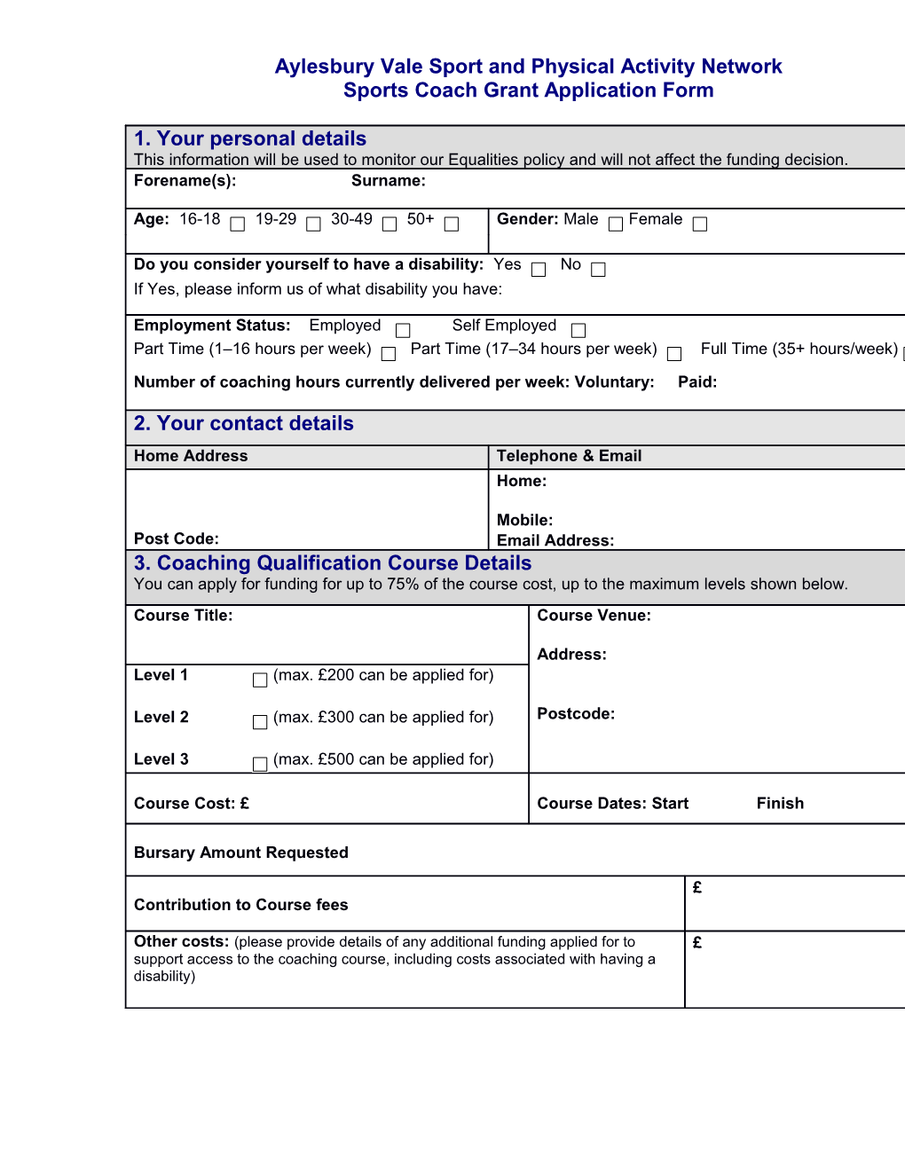 Bucks Sport Coach Bursary Application Form