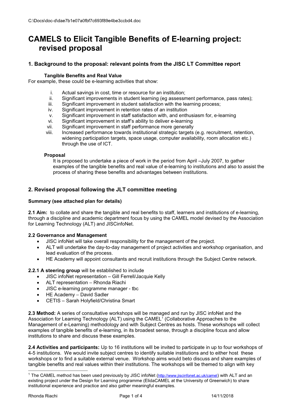 Revised CAMEL Tangible Benefits of E-Learning Project Proposal