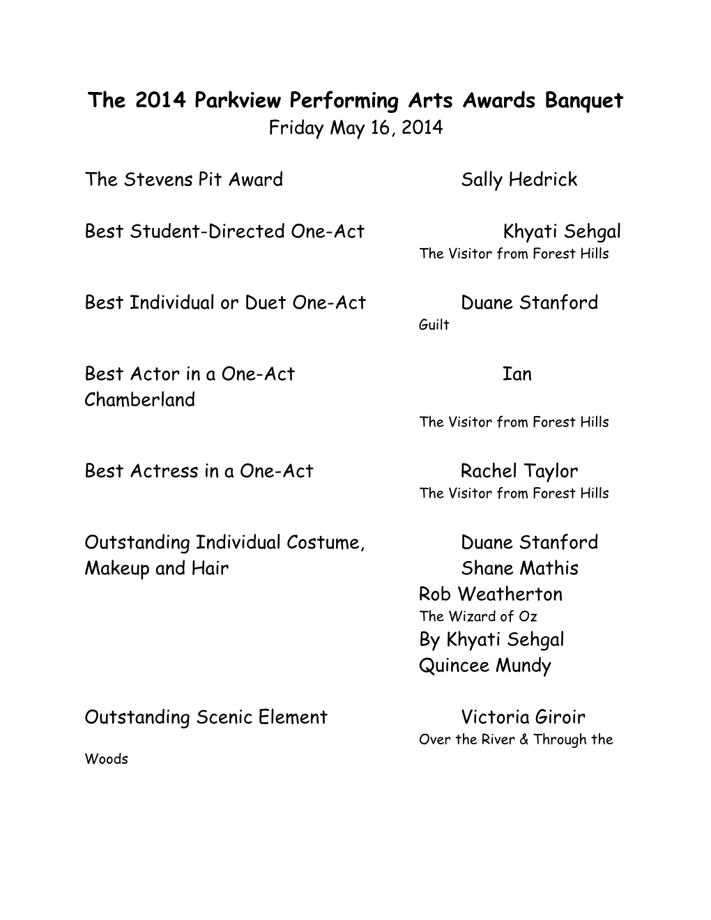 The 2014 Parkview Performing Arts Awards Banquet