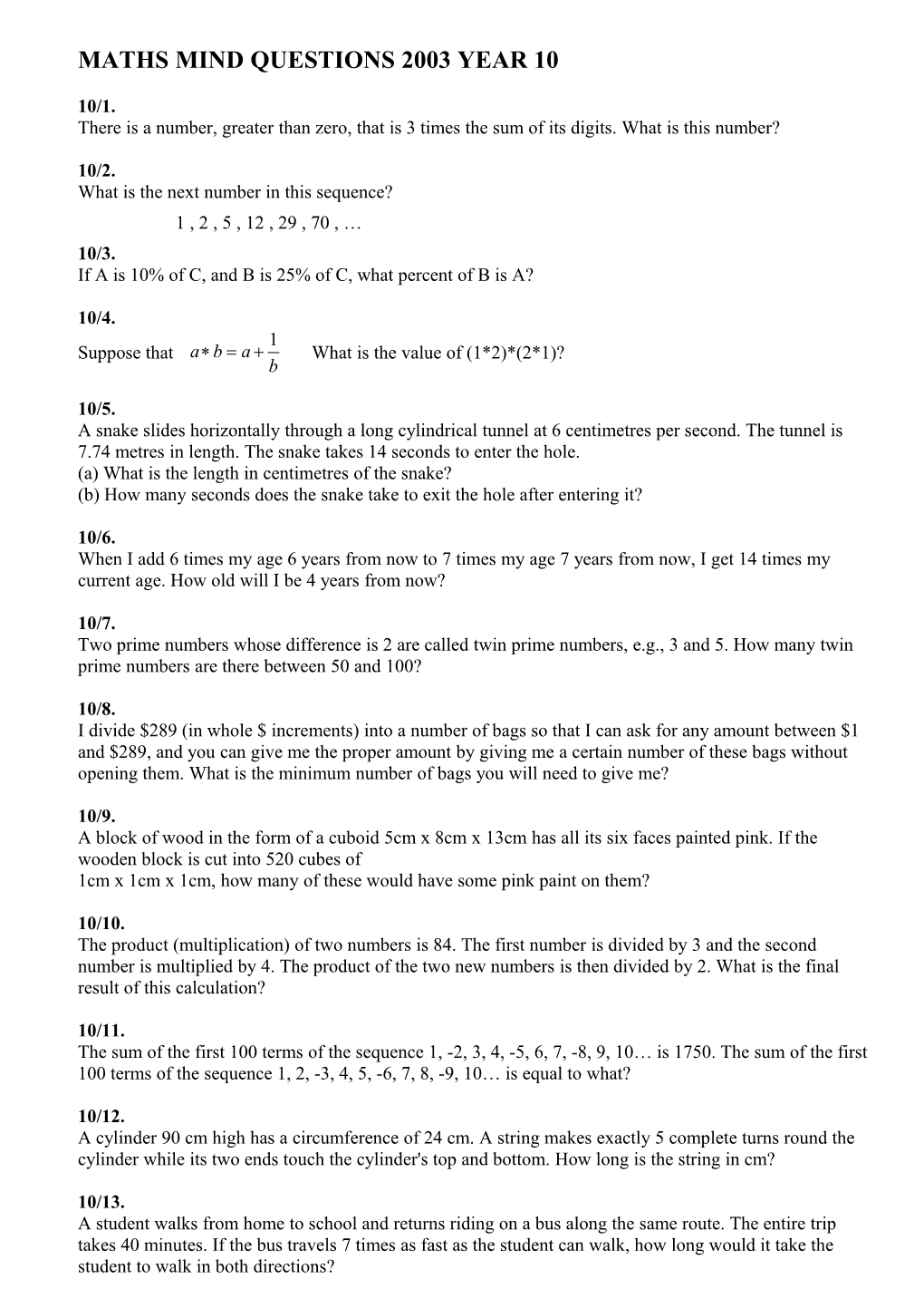 Maths Mind Questions 2003 Year 10