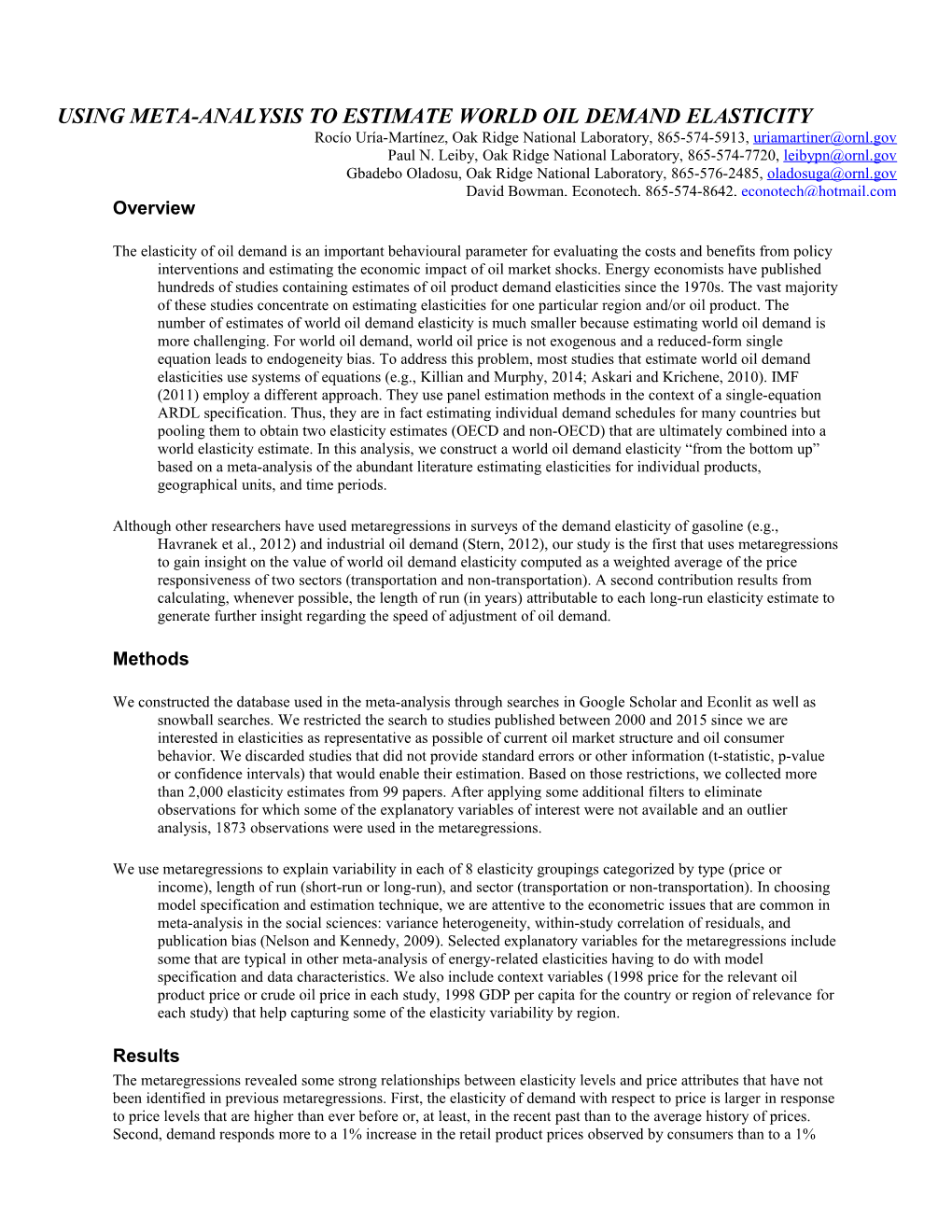 Using Meta-Analysis to Estimate World Oil Demand Elasticity