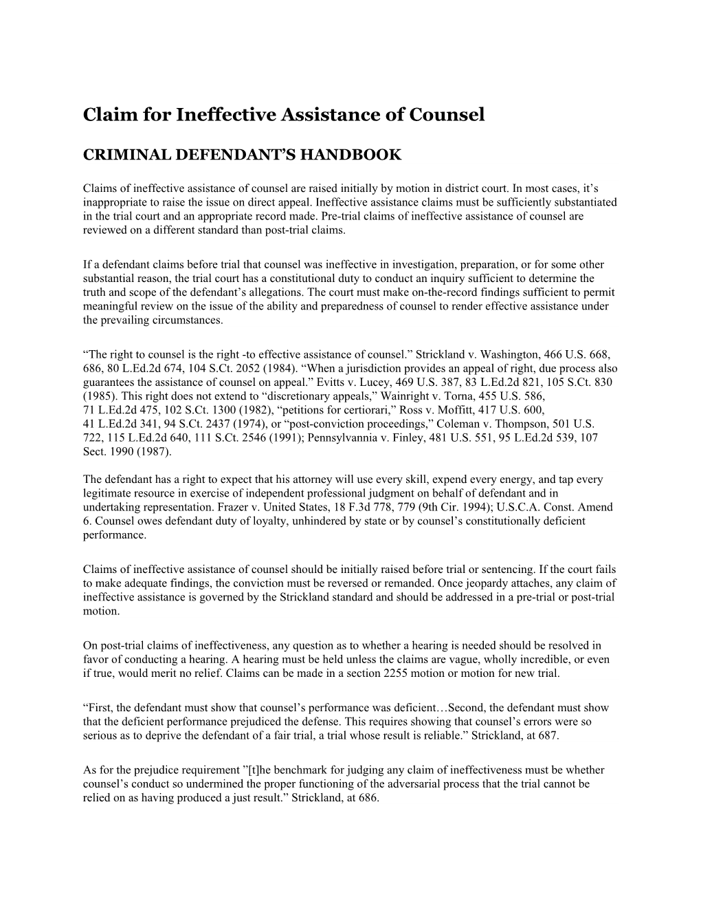 Claim for Ineffective Assistance Ofcounsel