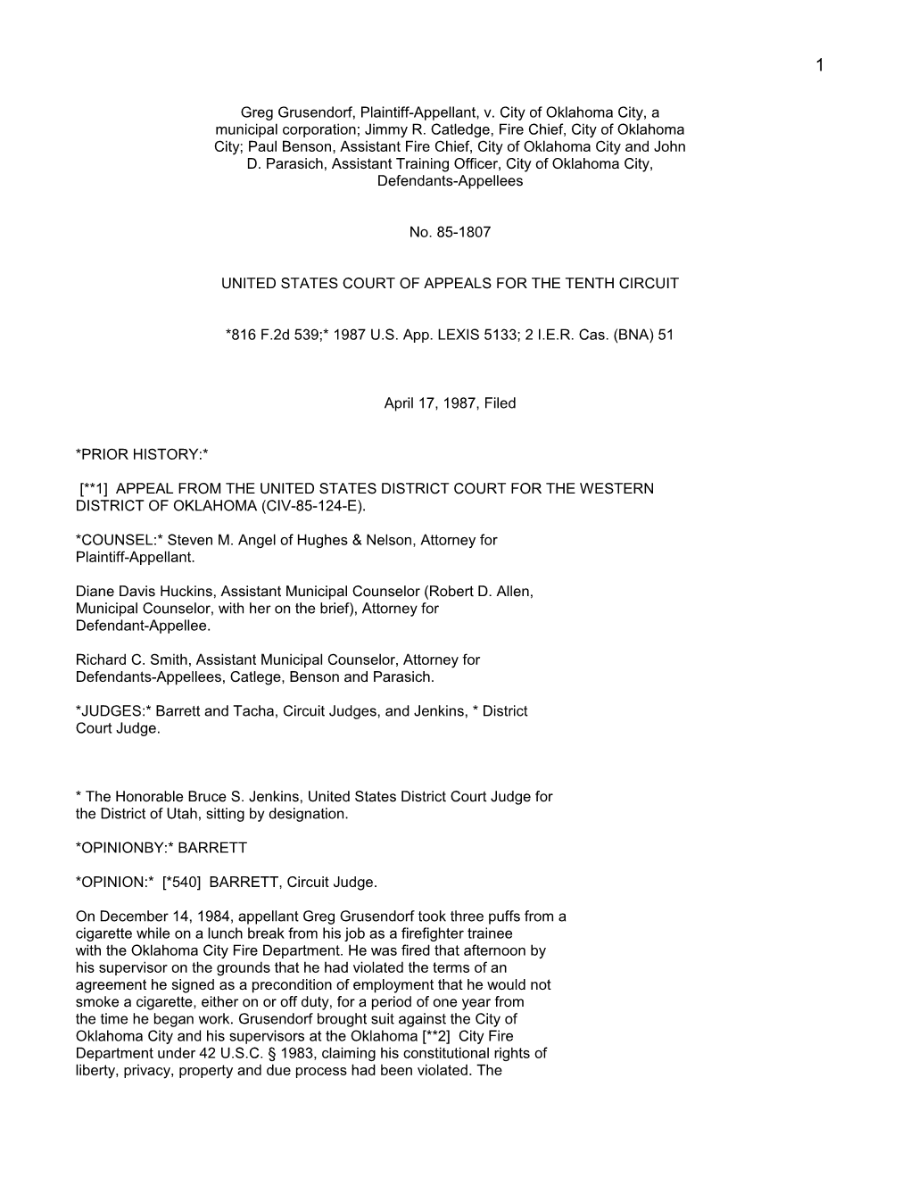 Greg Grusendorf, Plaintiff-Appellant, V. City of Oklahoma City, A