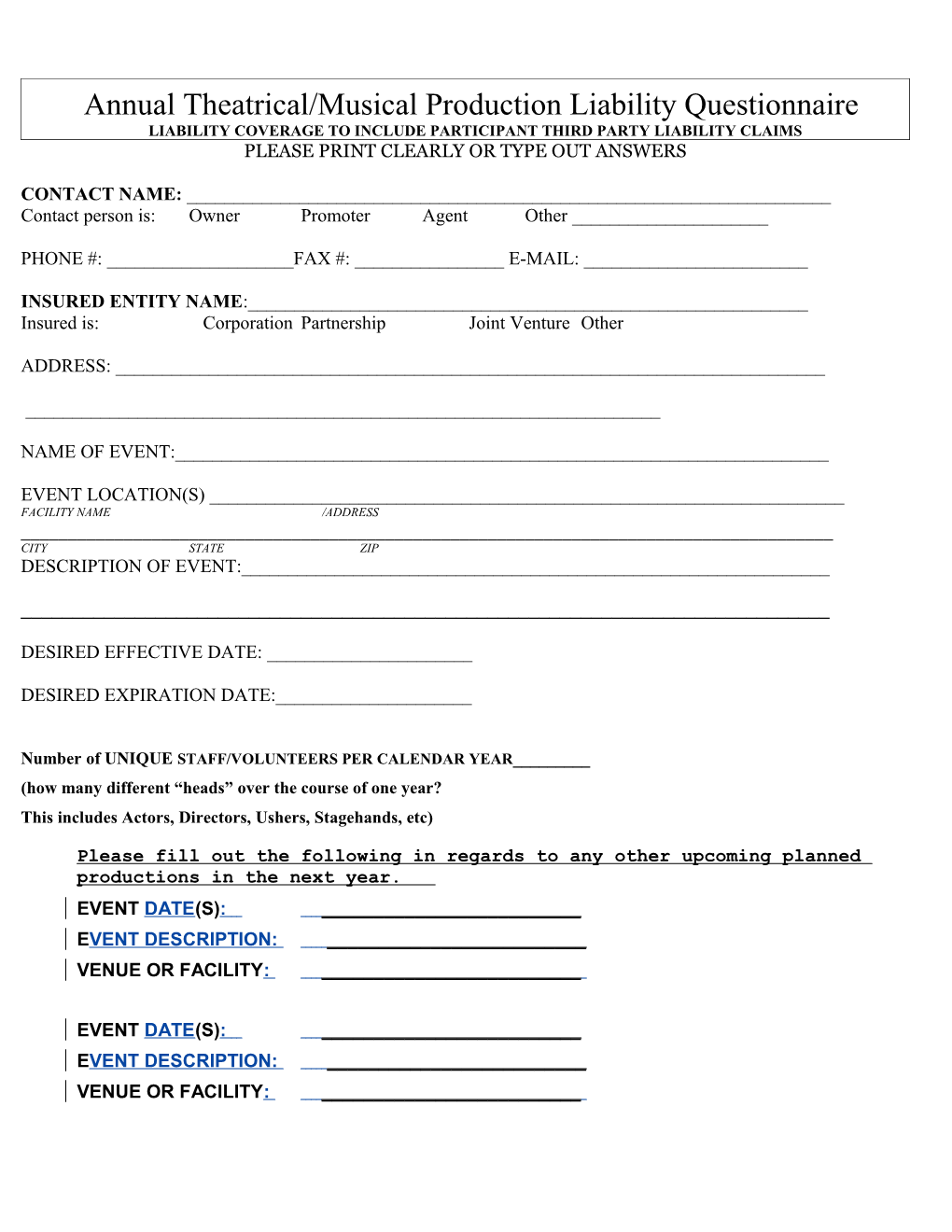 Sporting Event Liability Questionnaire