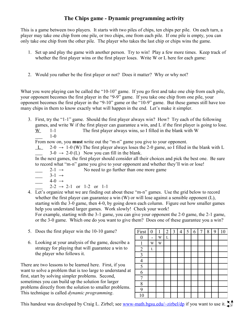 Rocks Game As an Introduction to Dynamic Programming Zirbel Bgsu