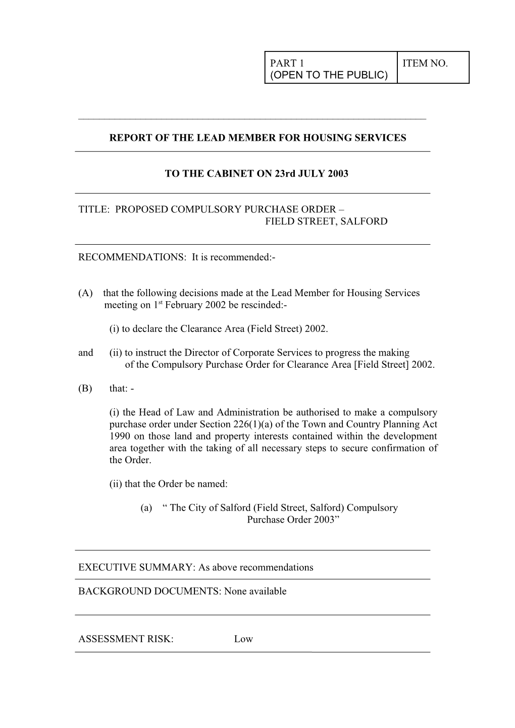 Report of the Lead Member for Housing Services