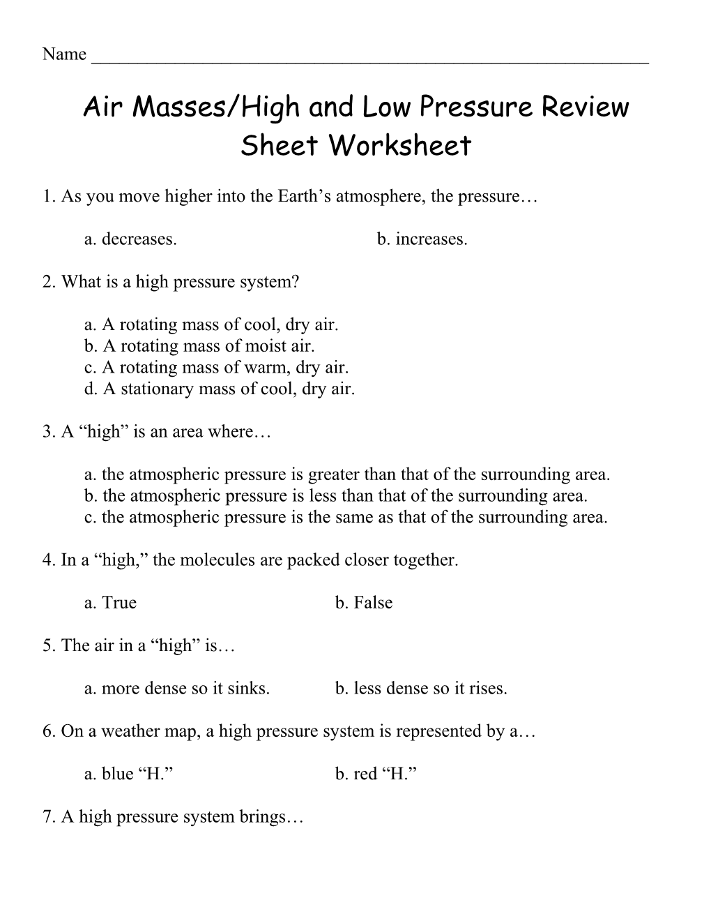 Air Masses/High and Low Pressure Review Sheet Worksheet