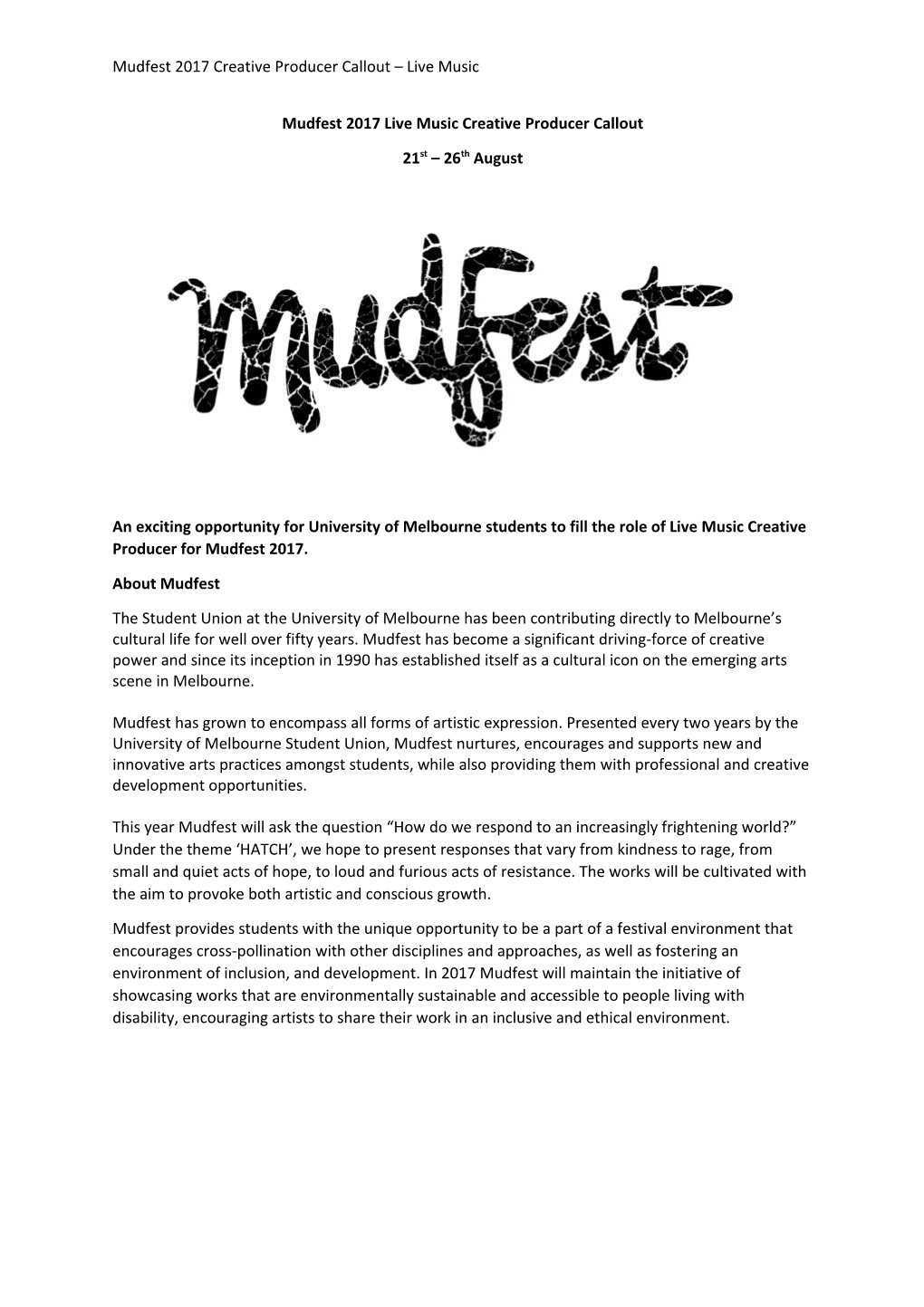 Mudfest 2017 Live Music Creative Producer Callout