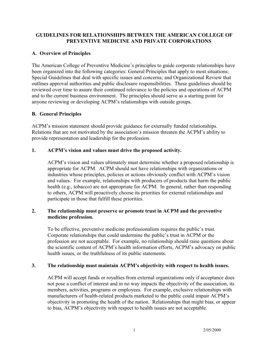 Guidelines for Relationships Between the American College of Preventive Medicine and Private