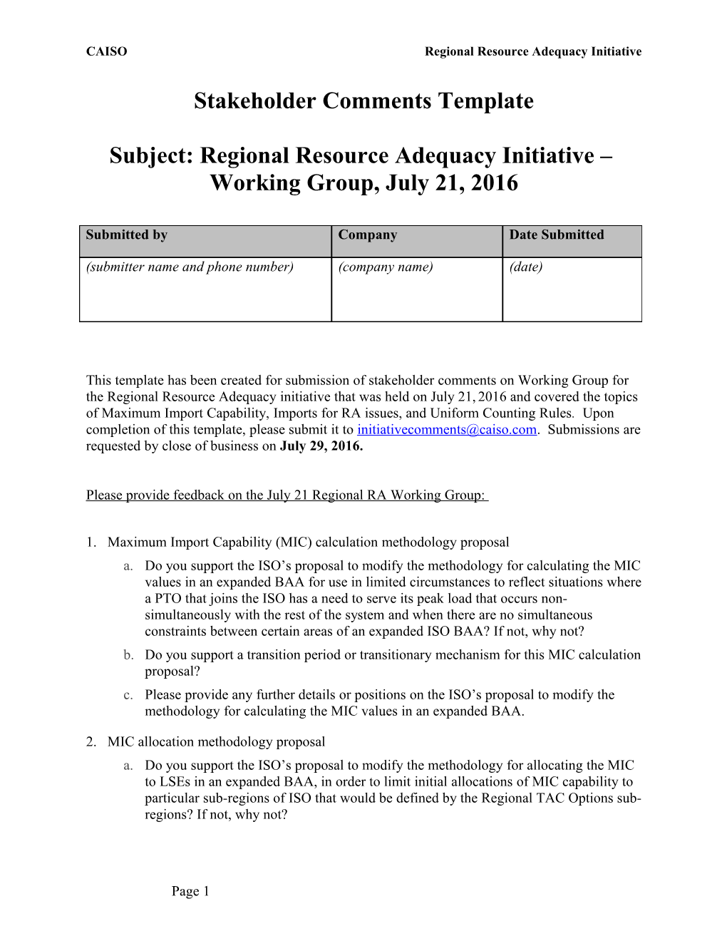 Stakeholder Comments Template - Regional Resource Adequacy Working Group - Jul 20, 2016
