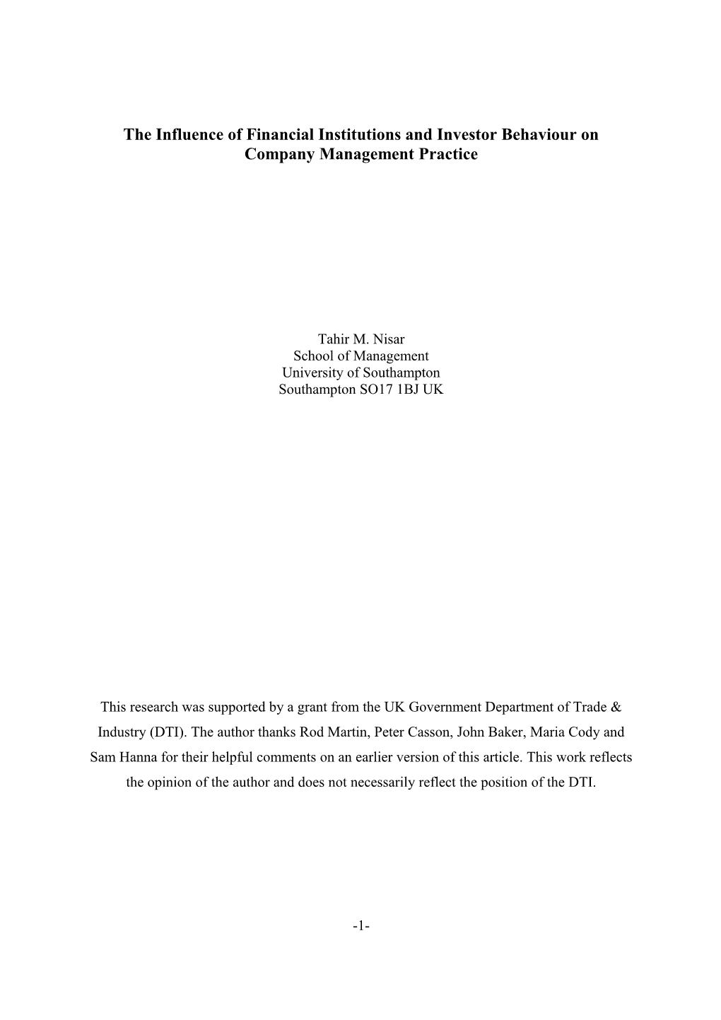 The Influence of Financial Institutions and Investor Behaviour on Company Management Practice