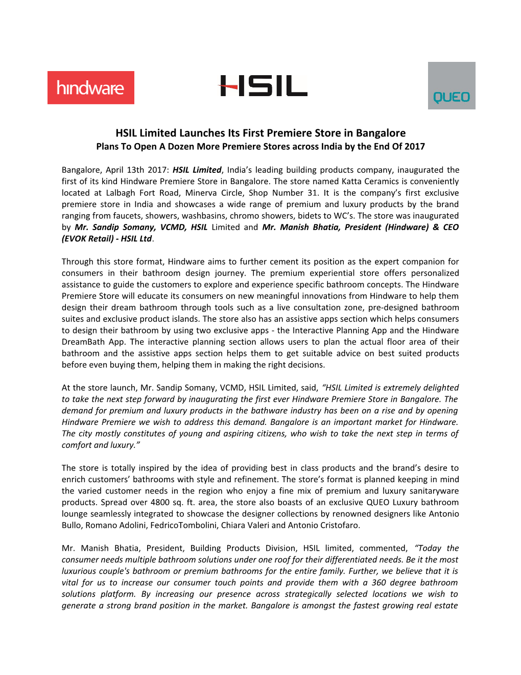 HSIL Limited Launches Its First Premiere Store in Bangalore