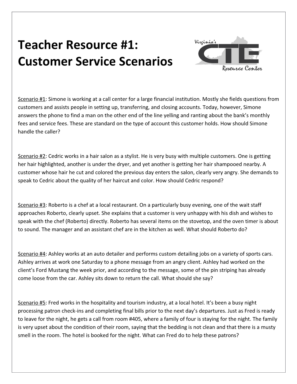 Teacher Resource #1: Customer Service Scenarios