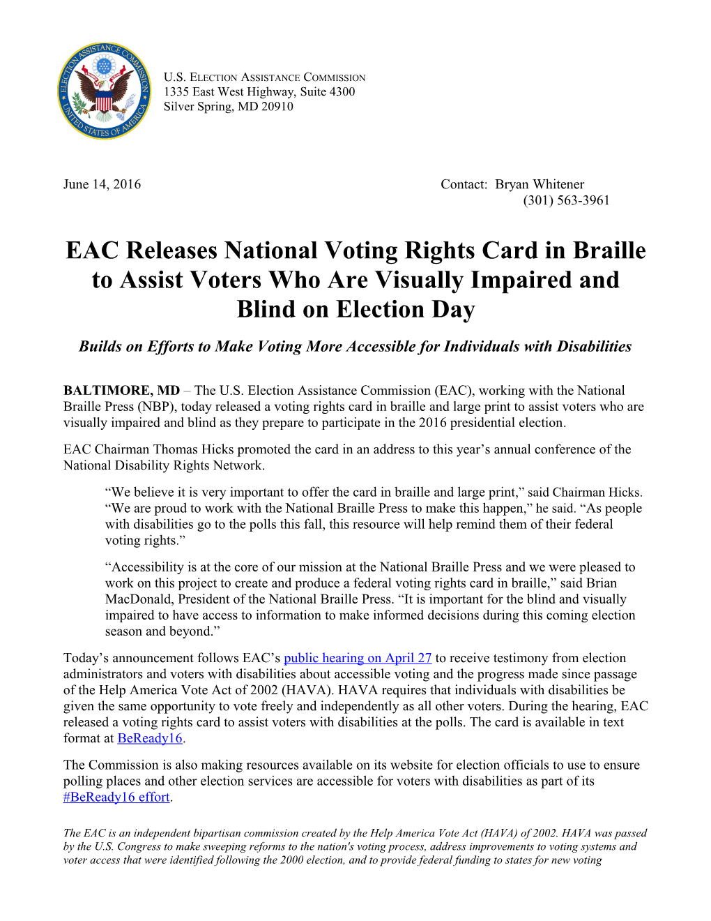 Builds on Efforts to Make Voting More Accessible for Individuals with Disabilities