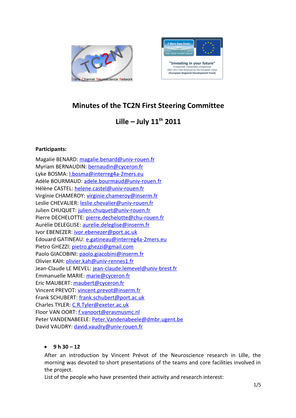 Minutes of the TC2N First Steering Committee