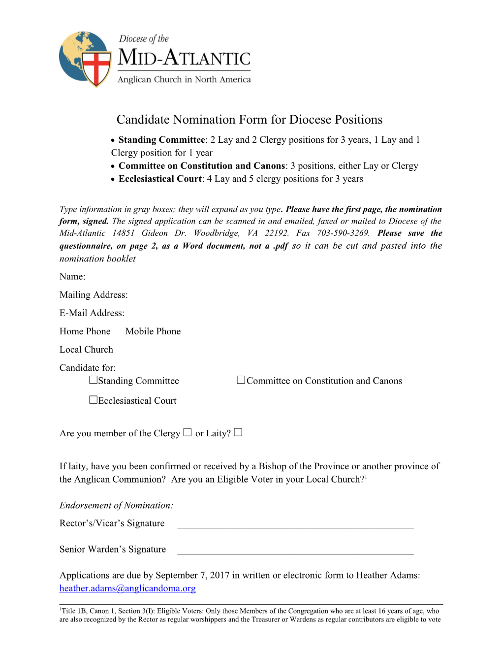 Candidate Nomination Form for Diocese Positions