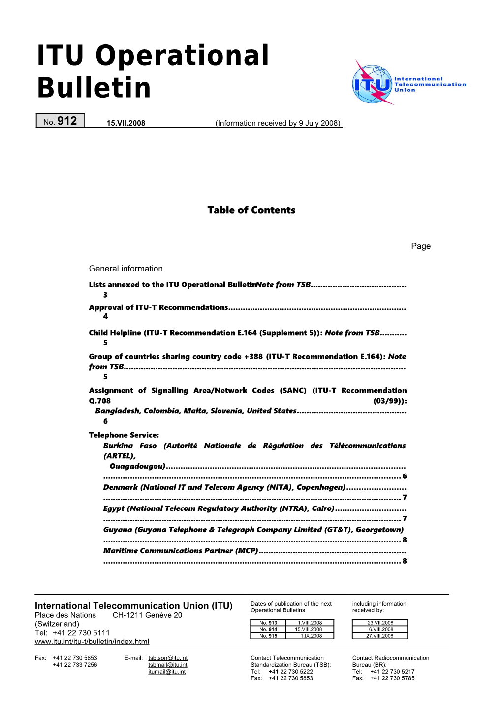 ITU Operational Bulletin No.912 Du 15.VII.2008