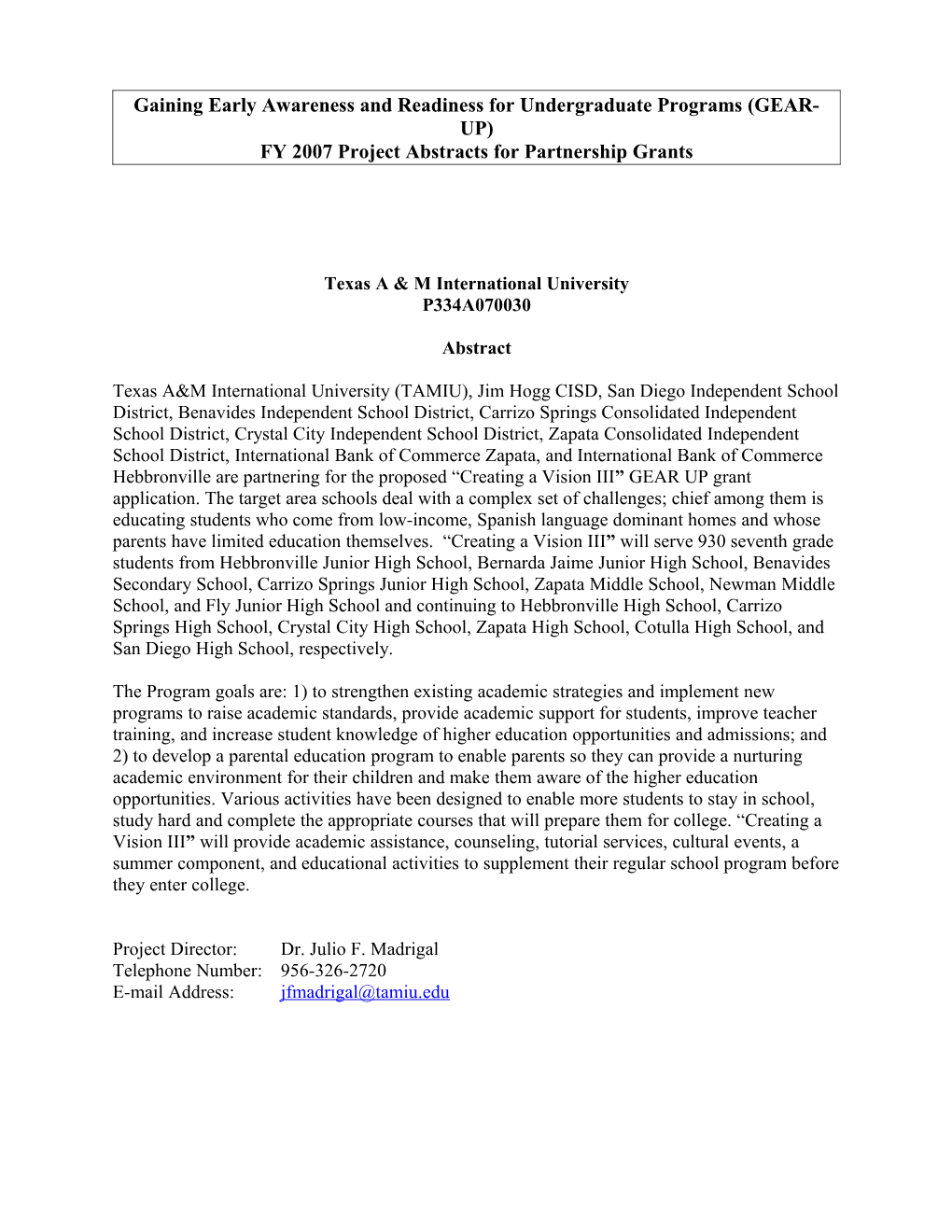 FY 2007 Project Abstracts for GEAR up Partnership Grants (MS Word)