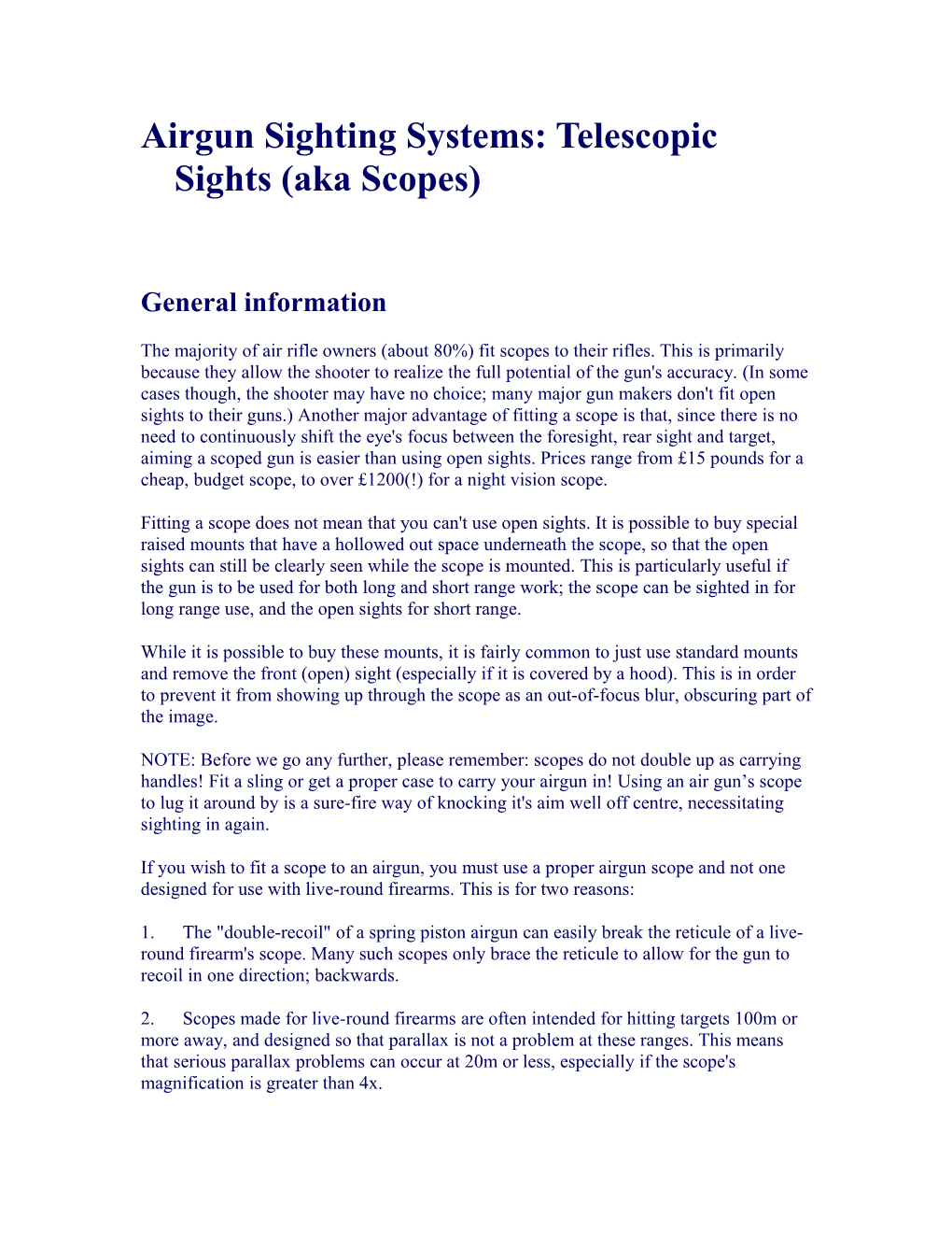 Airgun Sighting Systems: Telescopic Sights (Aka Scopes)