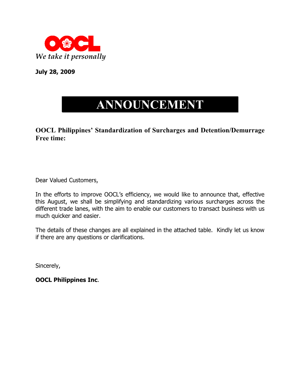 OOCL Philippines Standardization of Surcharges and Detention Demurrage Free Time