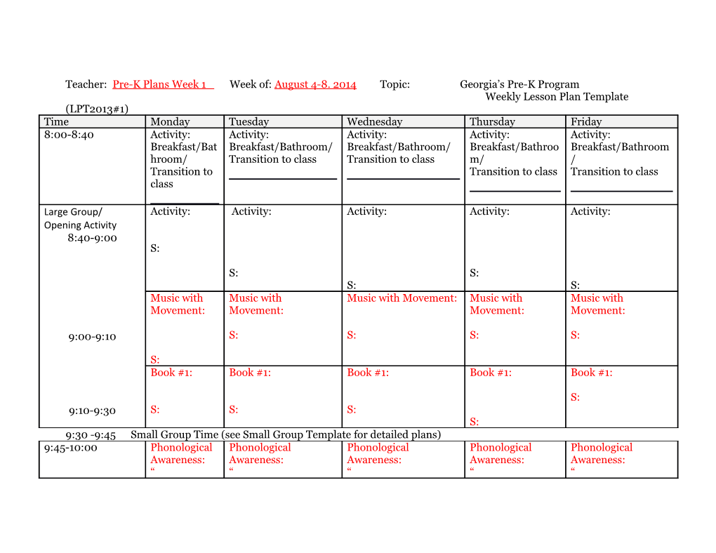 Weekly Lesson Plan Template (LPT2013#1)