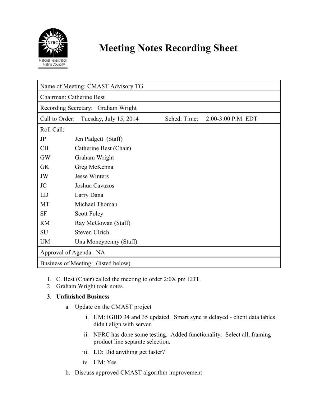 Meeting Minute Recording Sheet