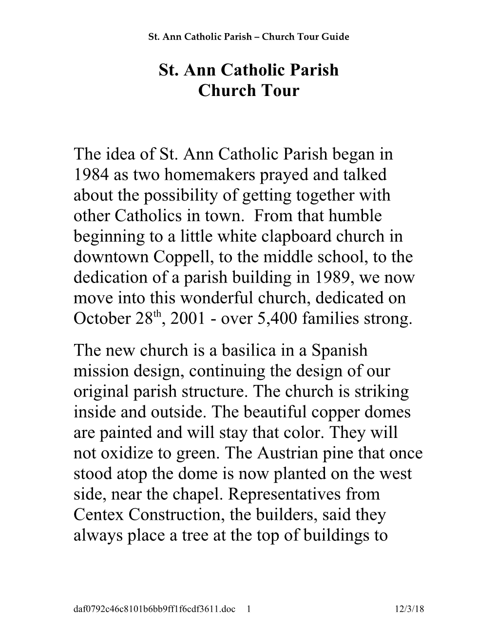St. Ann Catholic Parish Church Tour Guide