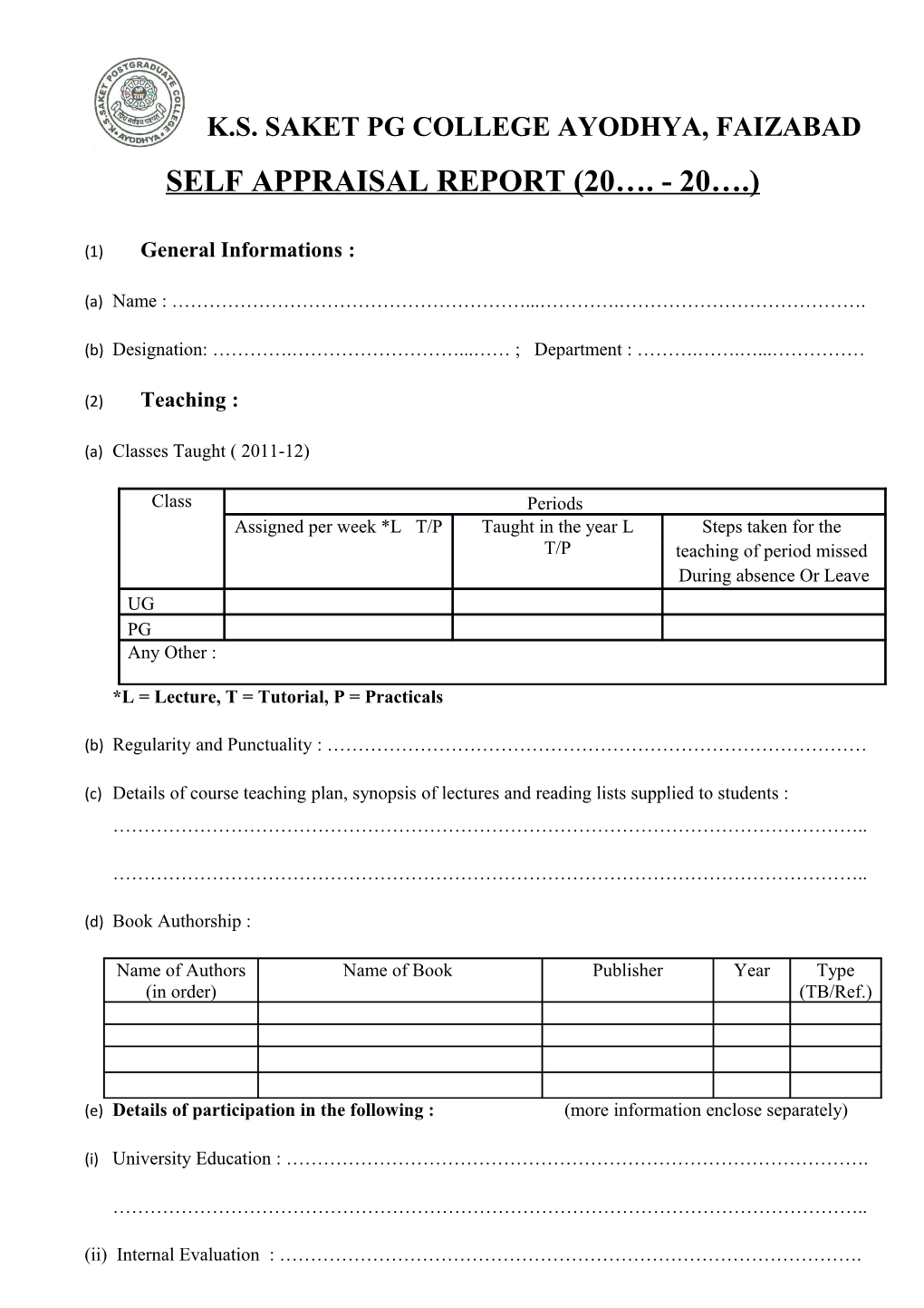 Self Appraisal Report (20 . -20 .)