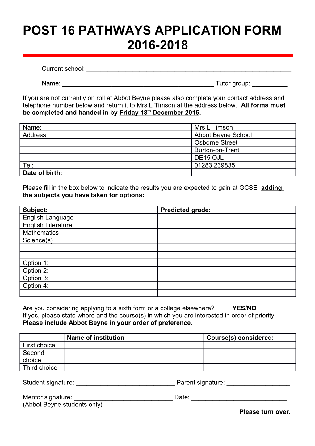 Post 16 Pathways Application Form