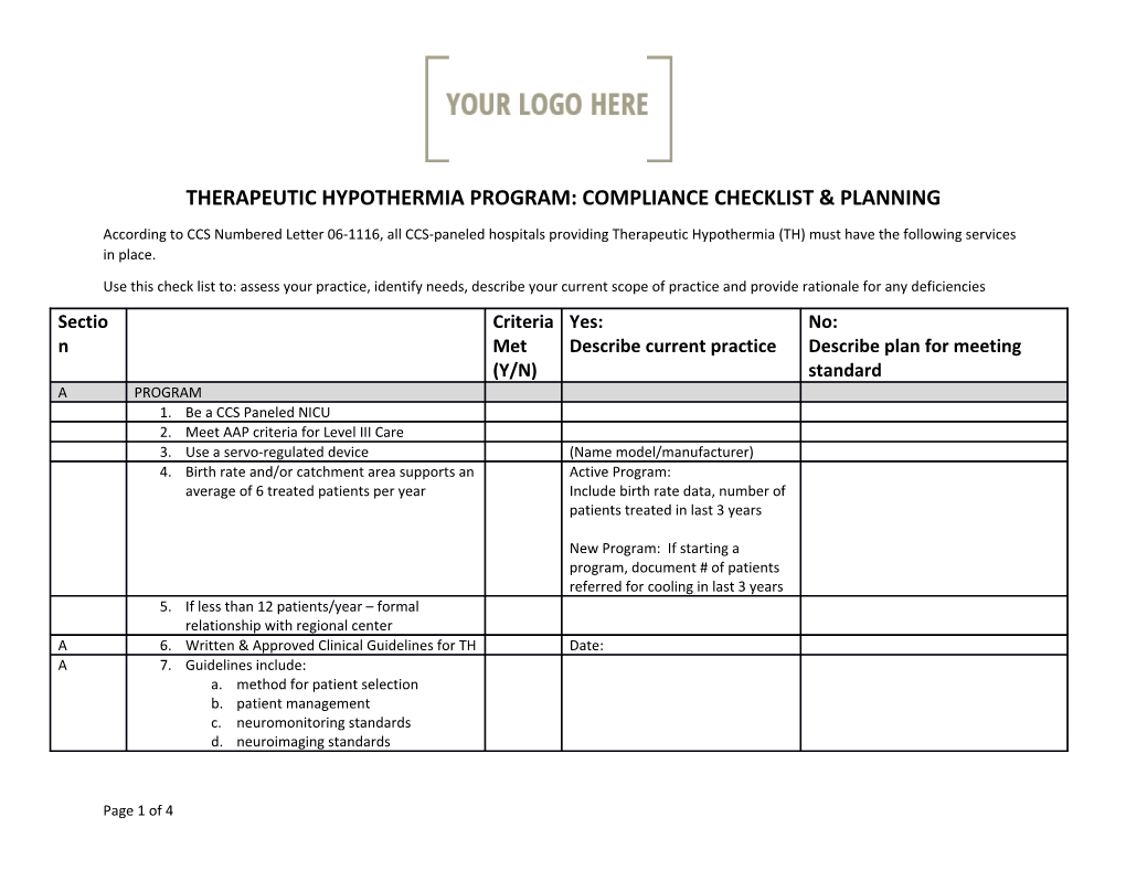 Therapeutic Hypothermia Program: Compliance Checklist & Planning