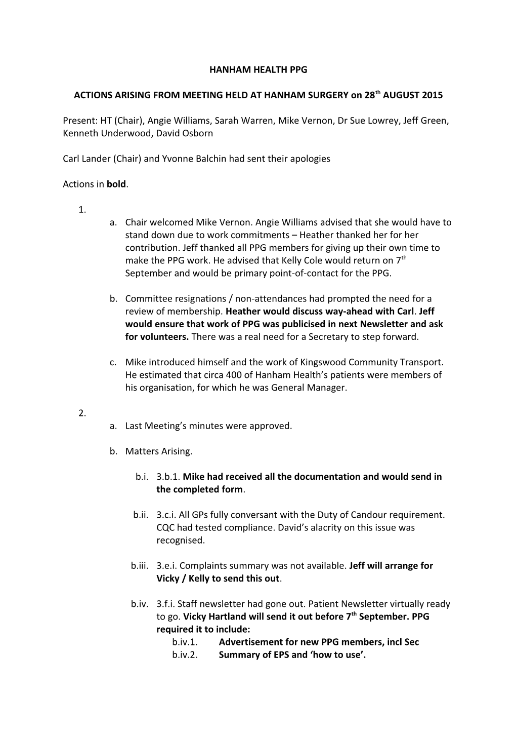 ACTIONS ARISING from MEETING HELD at HANHAM SURGERY on 28Th AUGUST 2015