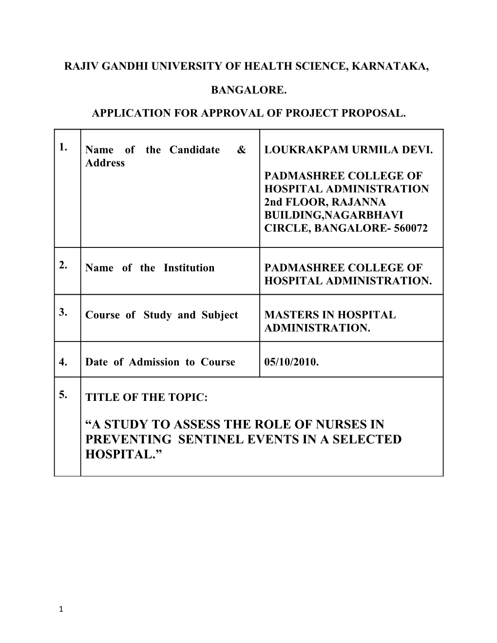 Application for Approval of Project Proposal