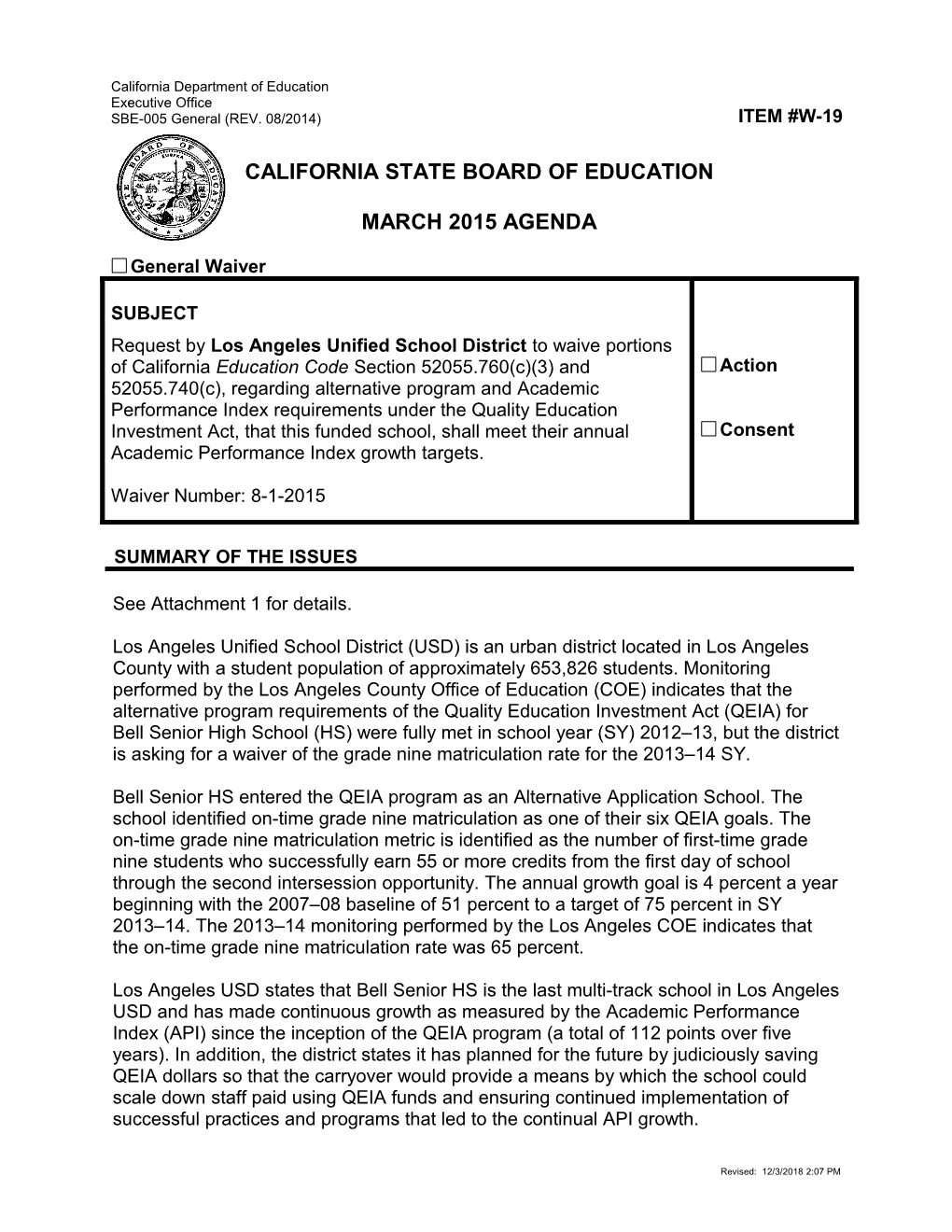 March 2015 Waiver Item W-19 Rev - Meeting Agendas (CA State Board of Education)